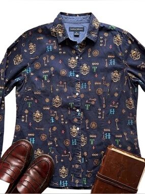 VTG Tommy Hilfiger Key & Crest Shirt Navy XL Dark Academia Preppy Boho Unisex